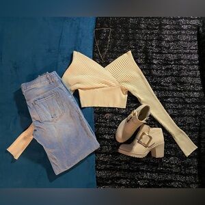 Cream ribbed sweater, off shoulder long sleeve top